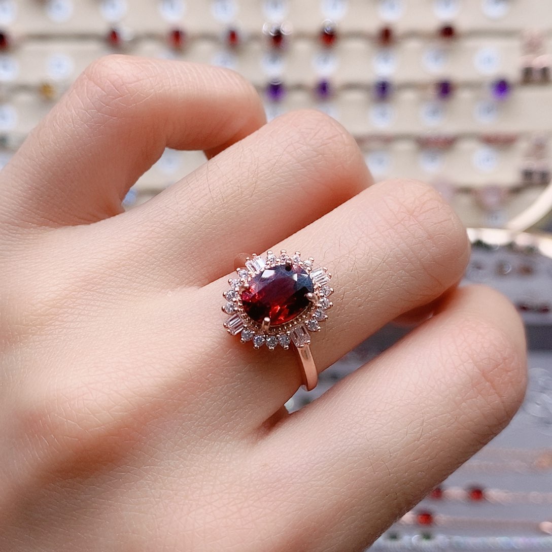石榴石戒指银S925镶嵌戒指