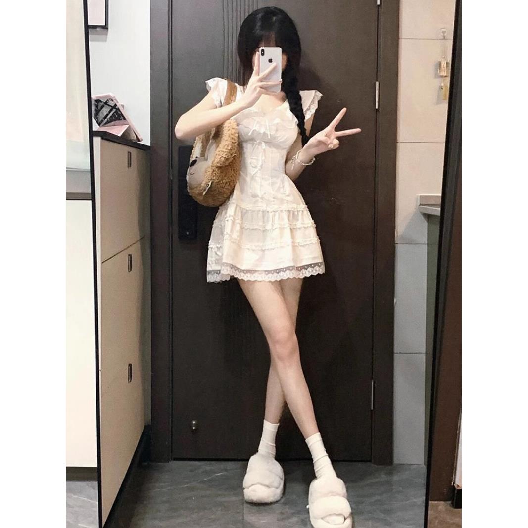 白色蕾丝纯欲甜美连衣裙女2025冬秋新款法式蝴蝶结设计收