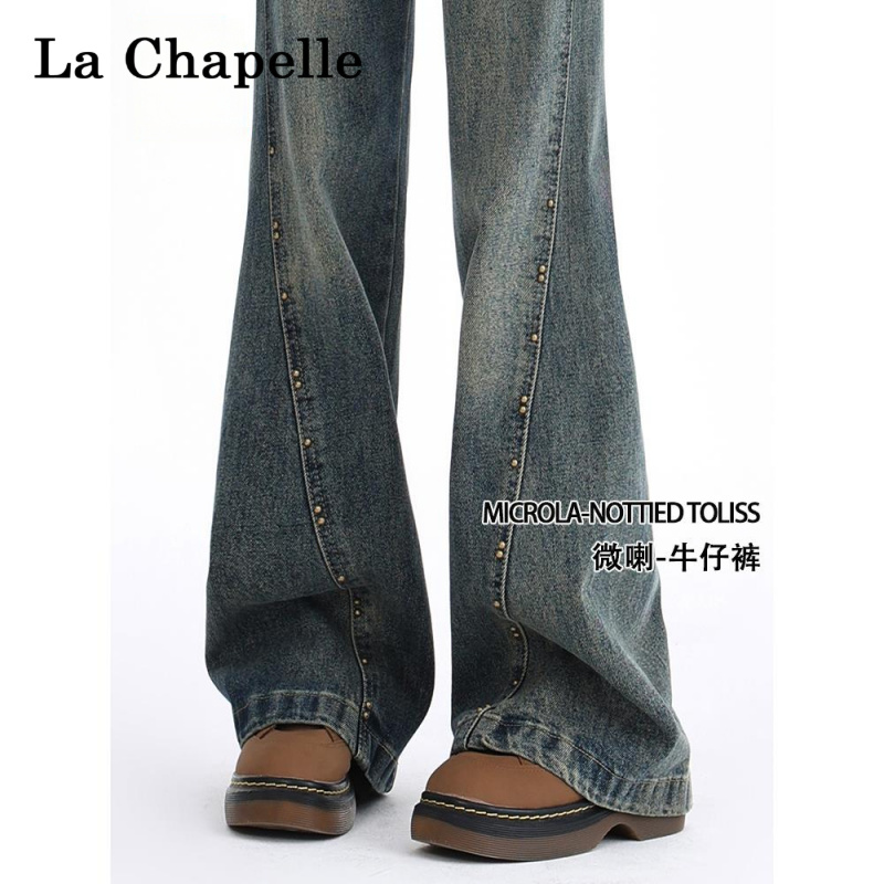 拉夏贝尔爆款复古微喇叭牛仔裤女新款秋冬加绒高腰显瘦小个子裤子