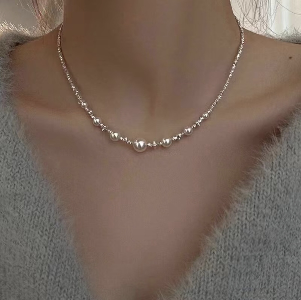 铜合金仿珍珠吊坠 珍珠女款秋冬新款轻奢小众锁骨链直播链接