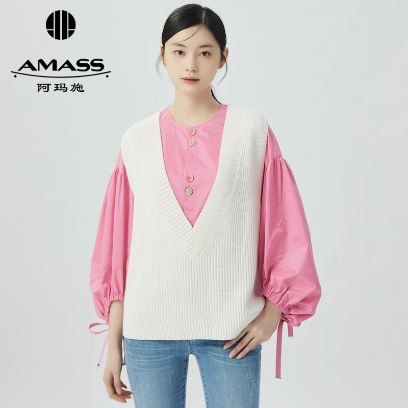 阿玛施AMASS新款女装绵羊毛减龄学院风V领素色针织马甲5399678