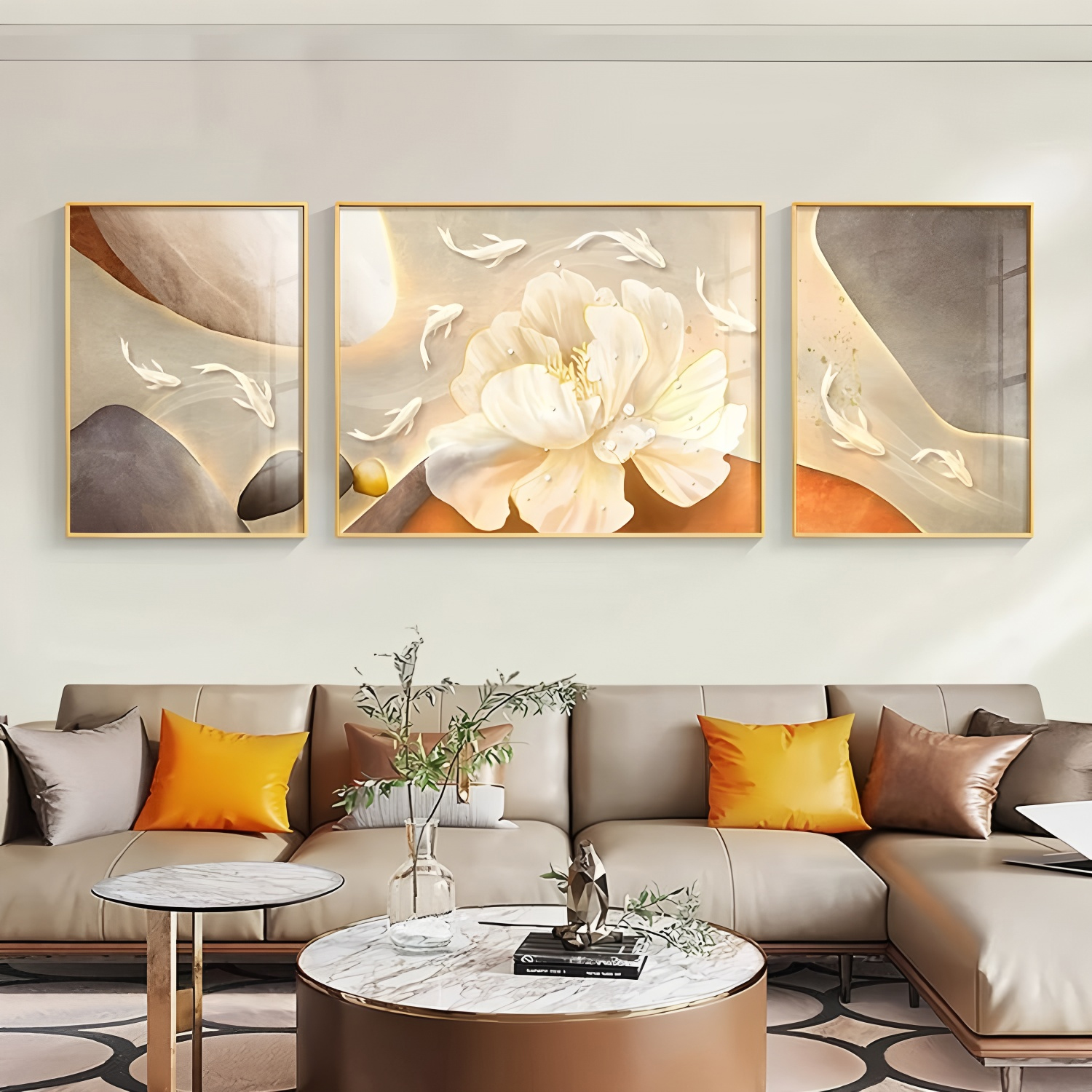 奶油风客厅装饰画高级感现代简约三联画花卉沙发背景墙挂画壁画