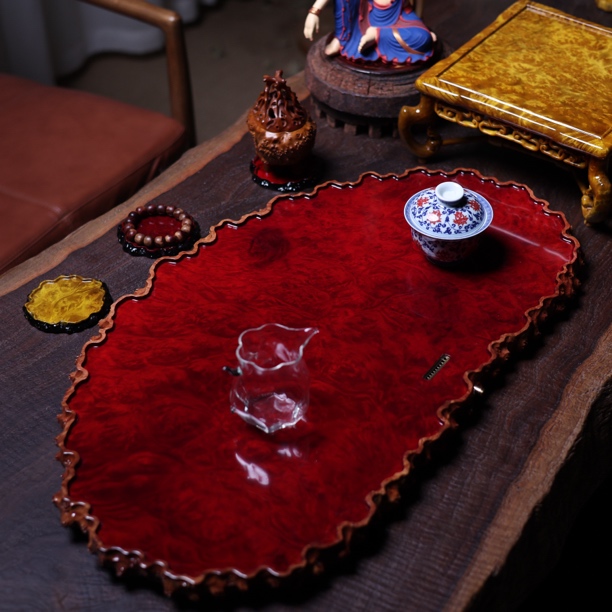 71-40-2.6 缅甸黄金樟干泡茶盘家用缅花满榴花茶具整块实木托盘