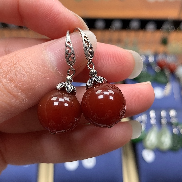 玛瑙/玉髓银S925镶嵌耳环14左右