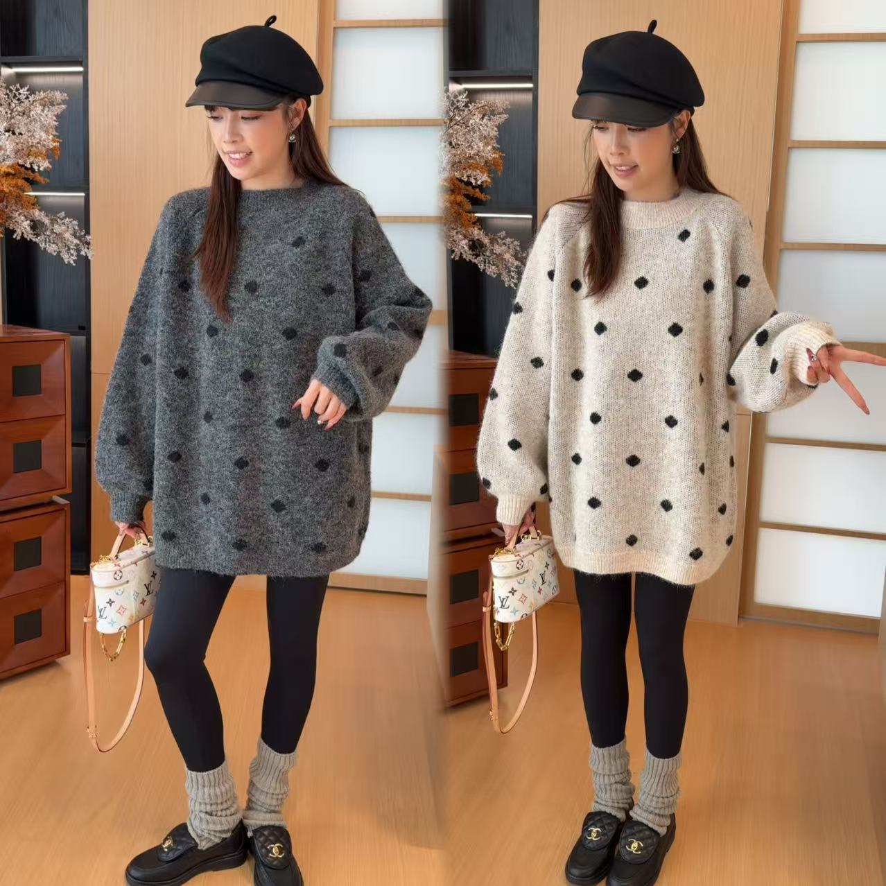 二姐的宝藏秋冬休闲针织百搭波点宽松慵懒风长袖毛针织衫#25414