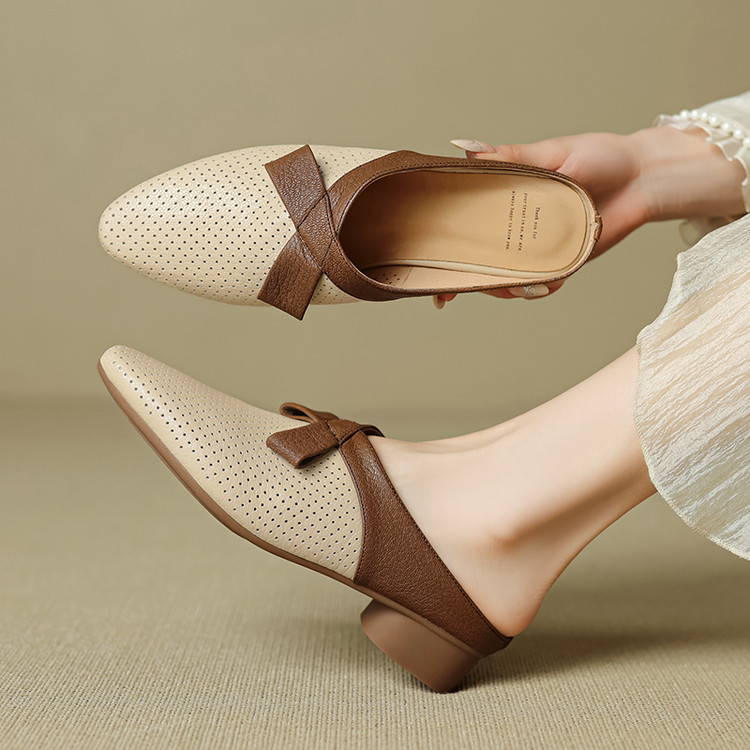 法式中跟复古包头包头拖舒适圆头百搭修面纳帕方头休闲风DH2916