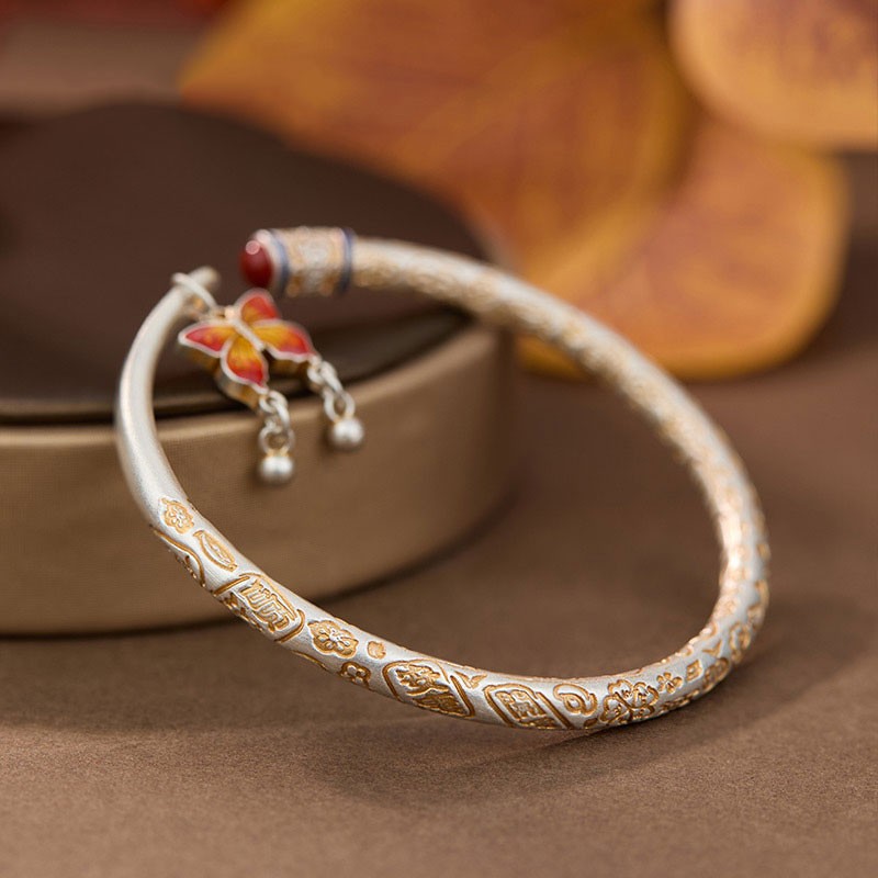 足银手镯 L66足银999.9新中式描金吉言蝴蝶唐草纹心经实心手镯