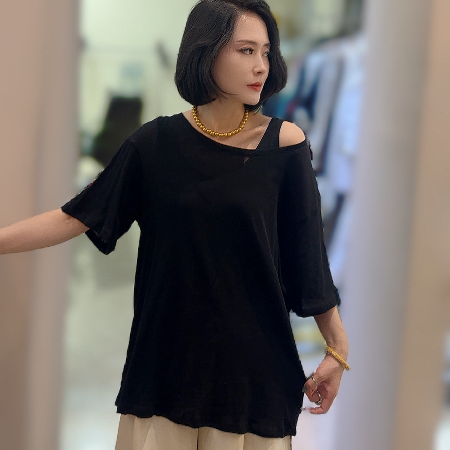 80225【妖精家】短袖休闲风斜领纯色拼接INS风T恤打底时尚休闲