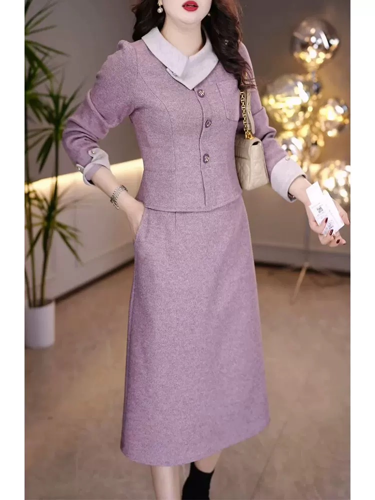 小香风撞色拼接假俩件连衣裙2025秋冬季新款洋气A106