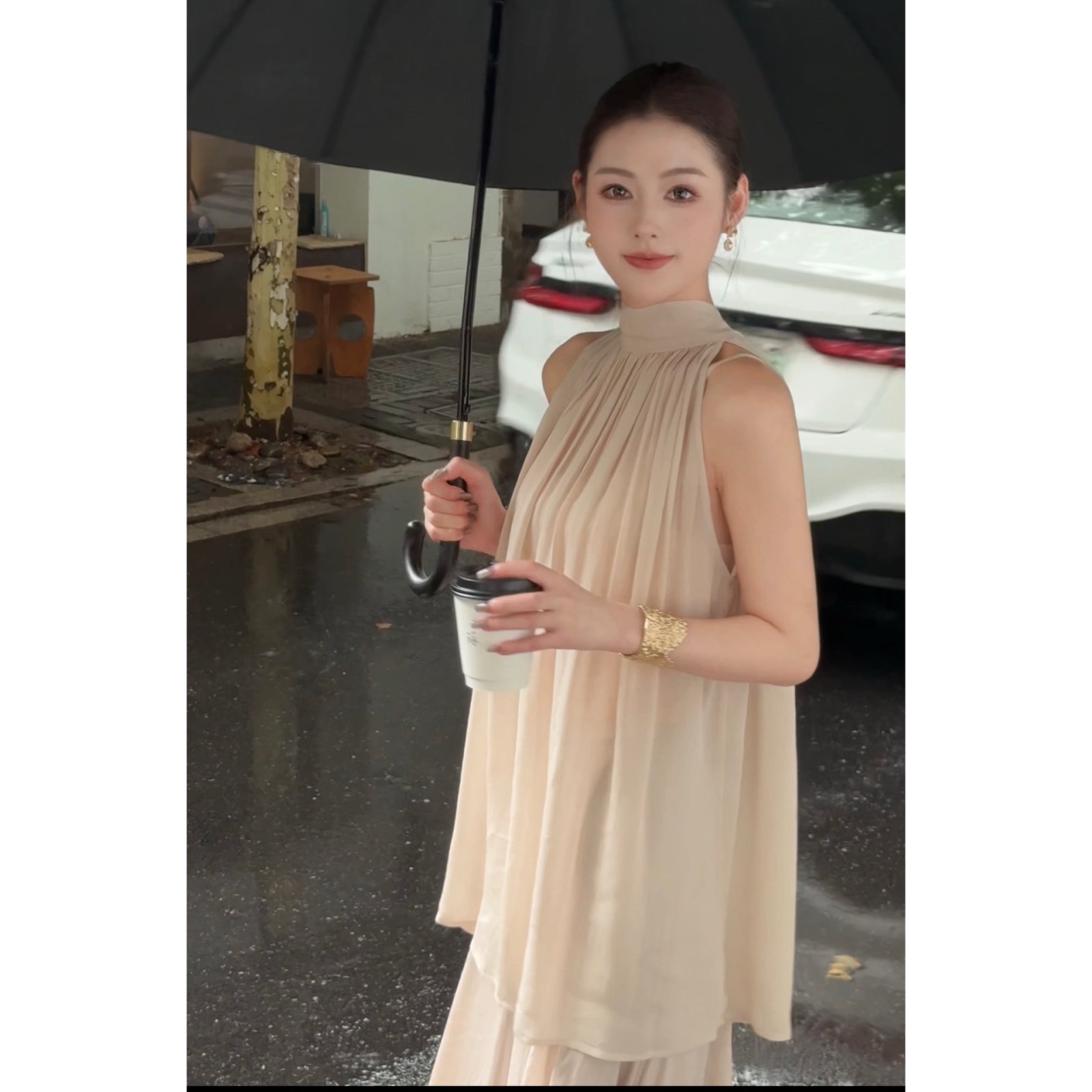 S-Quinn【粉桃乌龙】夏季法式气质飘带设计无袖套装