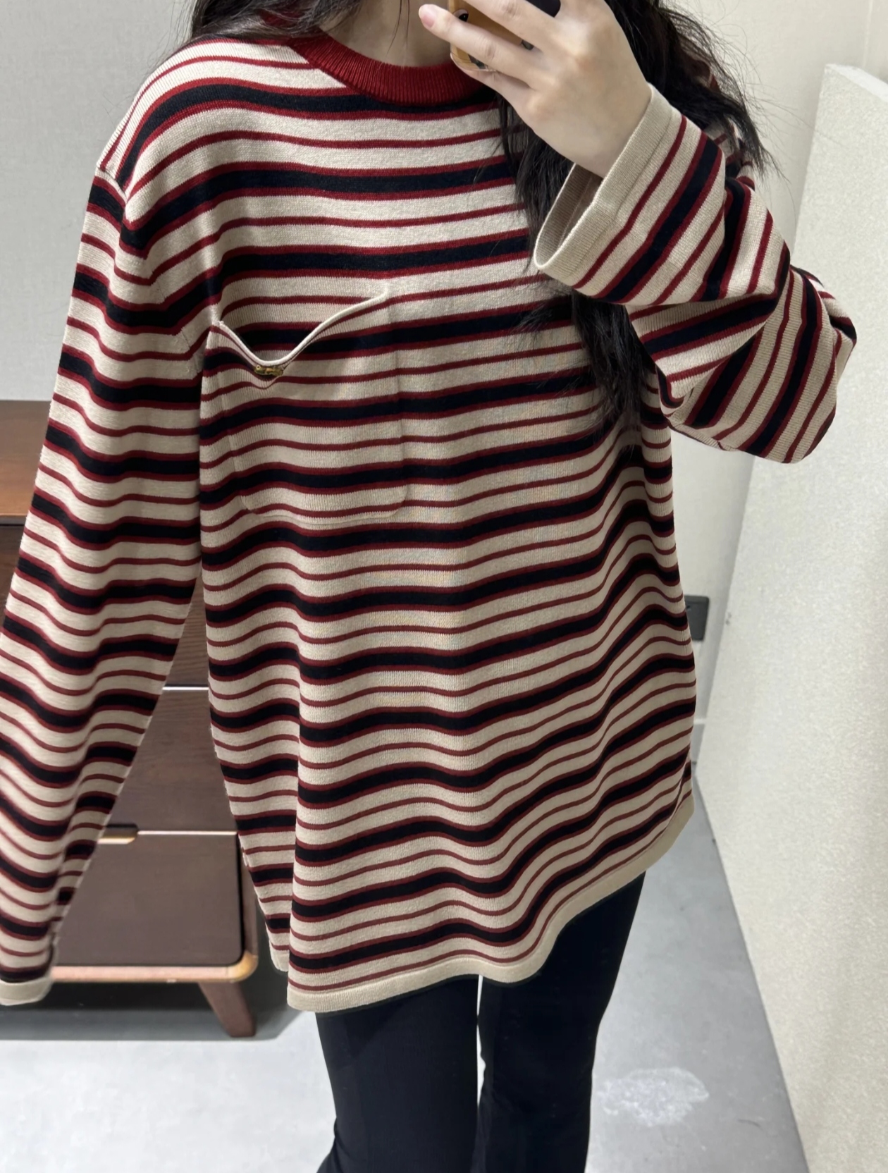 设计师品牌~2025年春季新款圆领撞色条纹长袖宽松套头针织衫毛衣