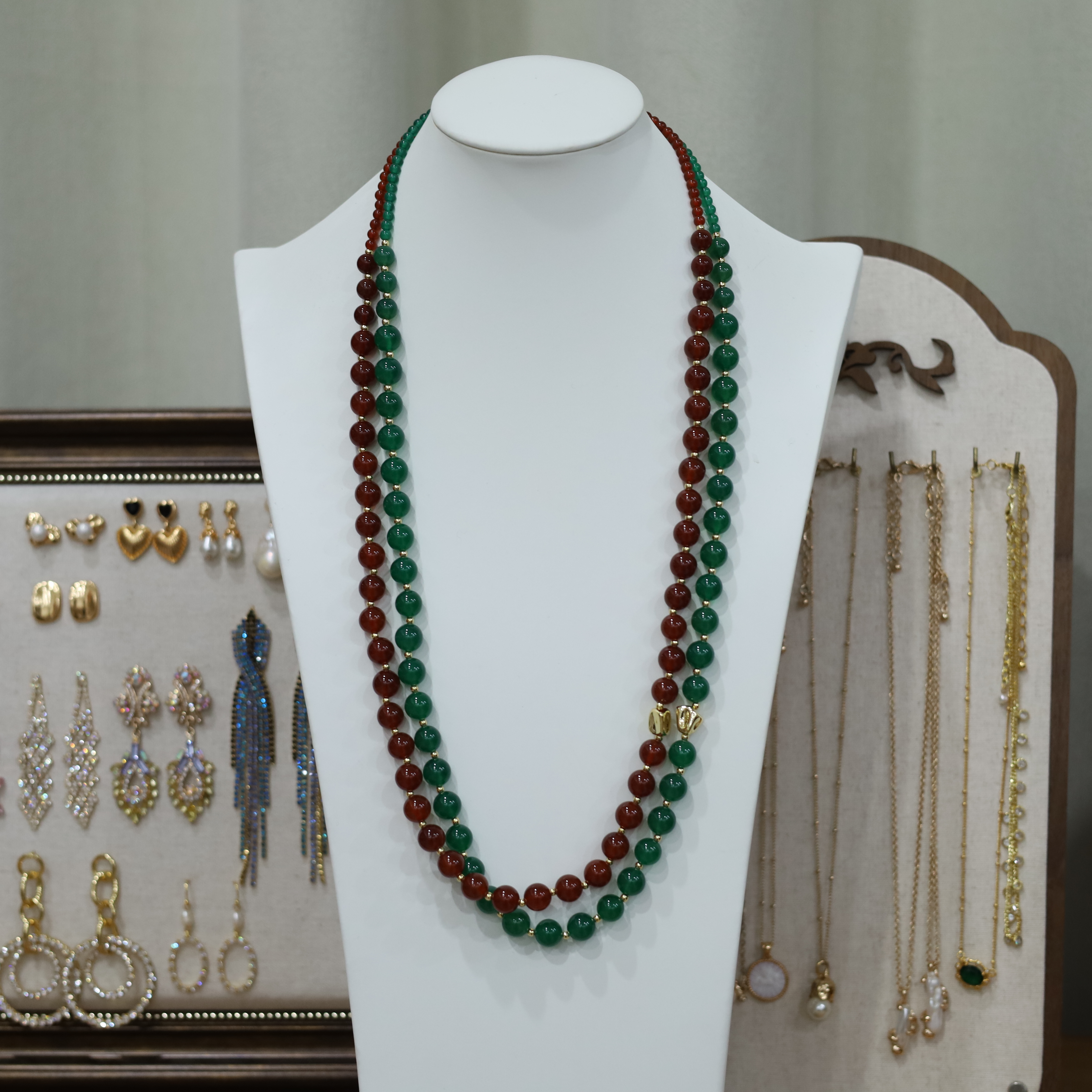 铜项链 女气质石头K金层绿色复古天然红色饰品精美长款手工时尚