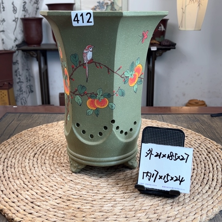 紫砂花盆超精品果绿六方412