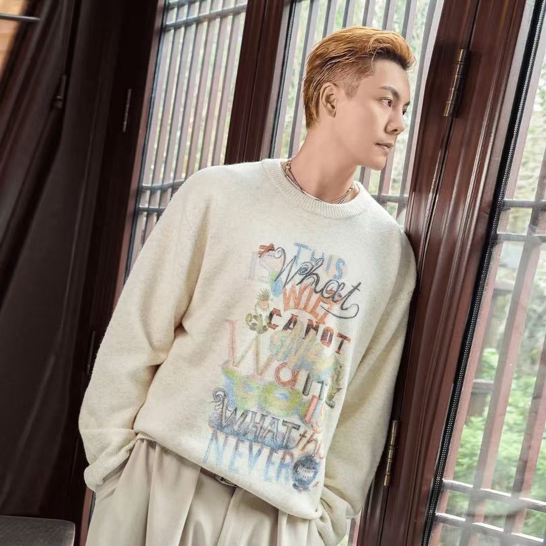 【陈伟霆同款毛衣】秋冬穿搭套头情侣保暖彩色印花圆领长袖针织衫男