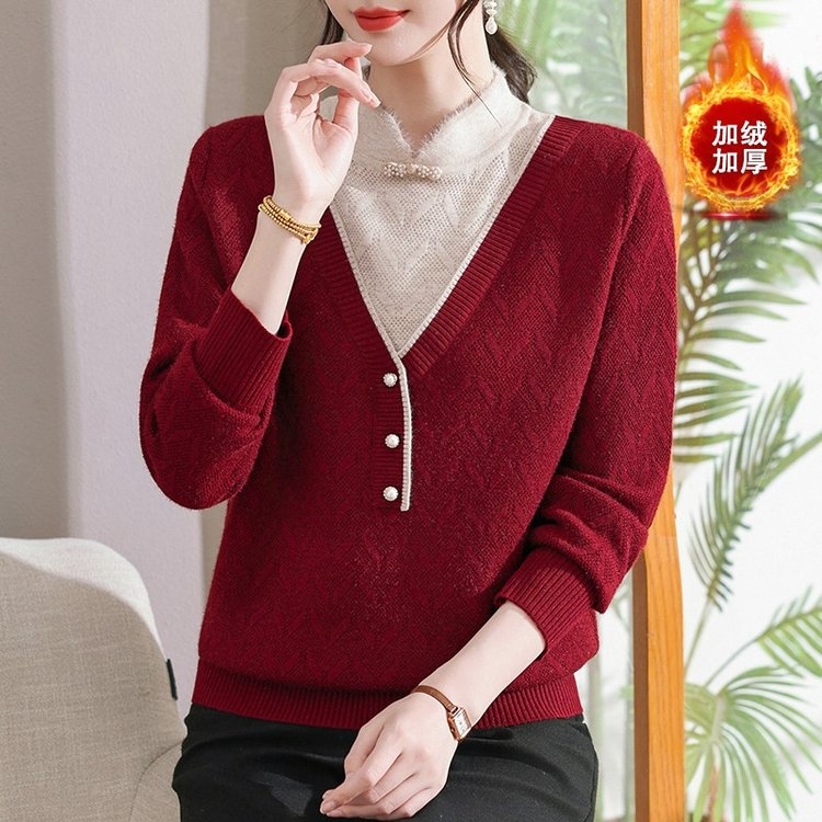 妈妈装秋冬加绒加厚一体绒毛衣中老年女旗袍领气质保暖上衣打底衫