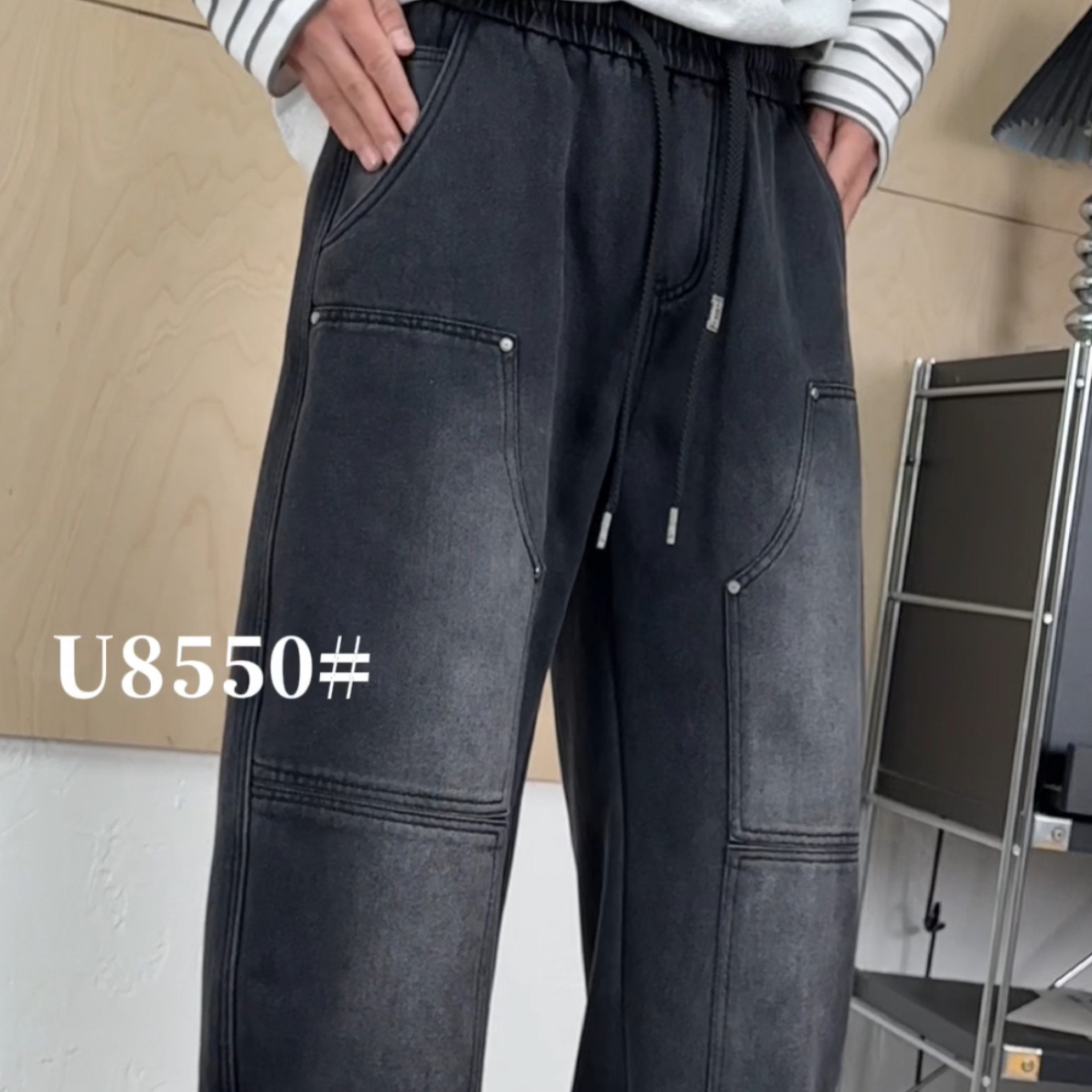 【U8550复古男士加绒牛仔裤】复古高街水洗牛仔裤设计感休闲裤美式