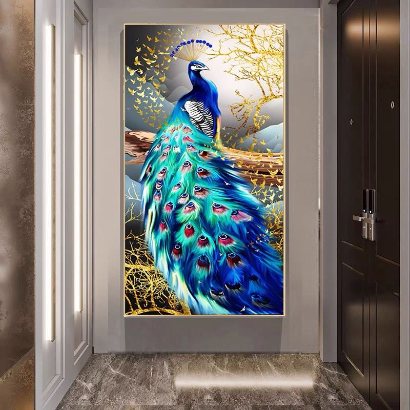 1.04大纯手工绣好十字绣成品142蓝孔雀玄关挂画
