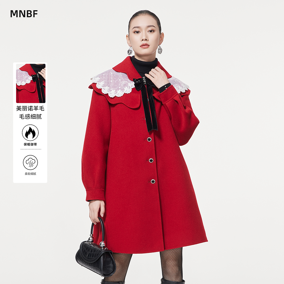 曼诺比菲商场同款冬季复古娃娃领红色毛呢外套大衣MEEG145107
