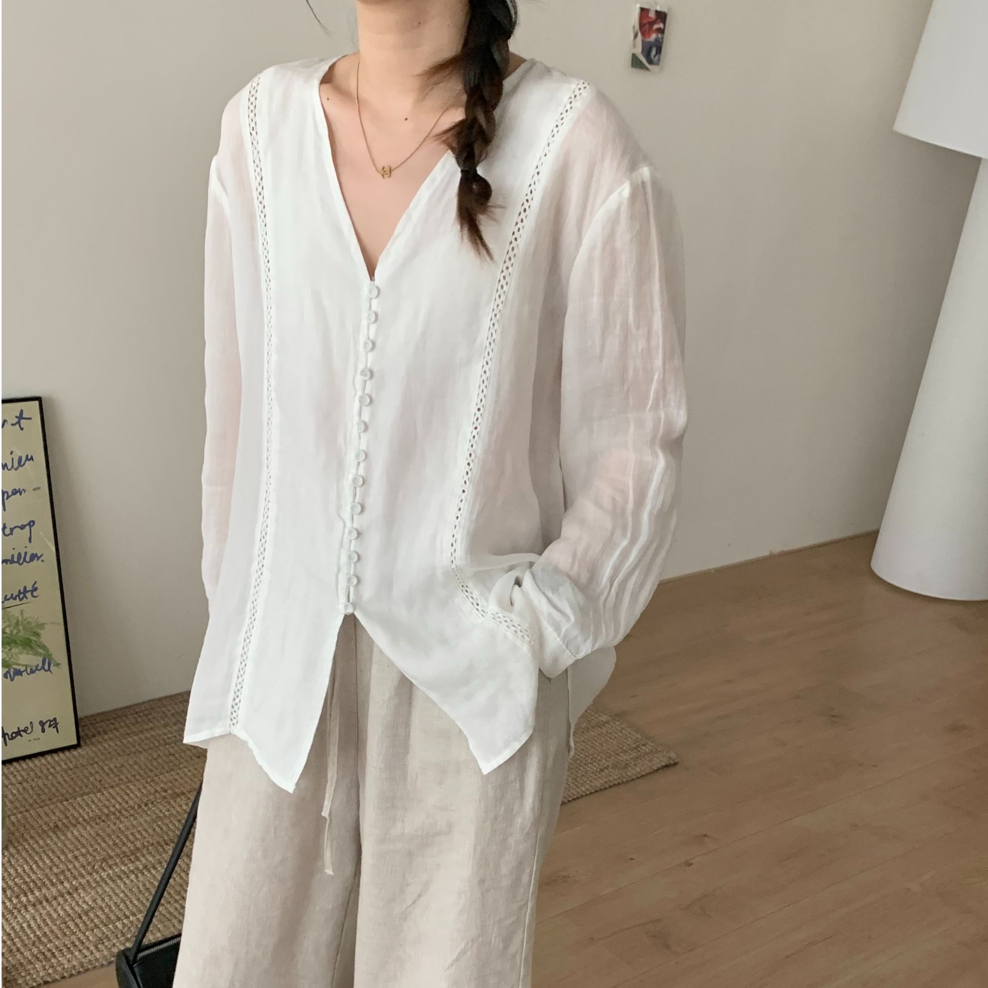 拼接纽扣气质2025年夏季新款休闲风时尚薄款苎麻纯色衬衫