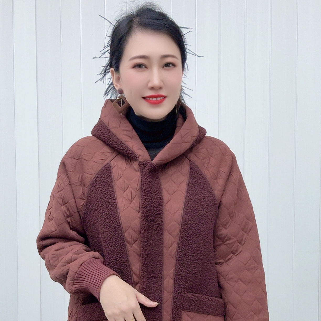 两面穿棉服 加厚女格纹女装宽松型女士外套冬季连帽棉衣厚款