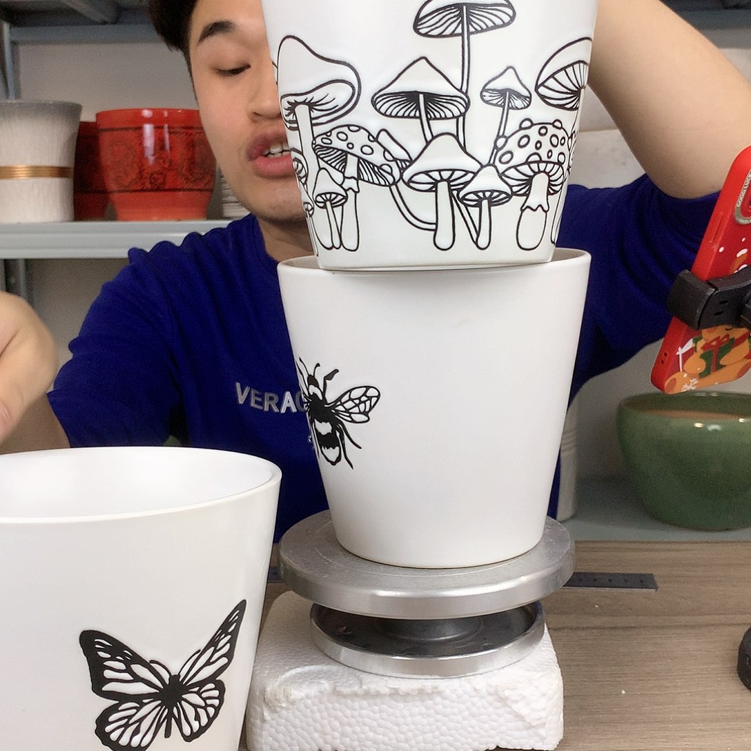 红陶蘑菇+蜜蜂+蝴蝶图案花盆15x14三个花盆