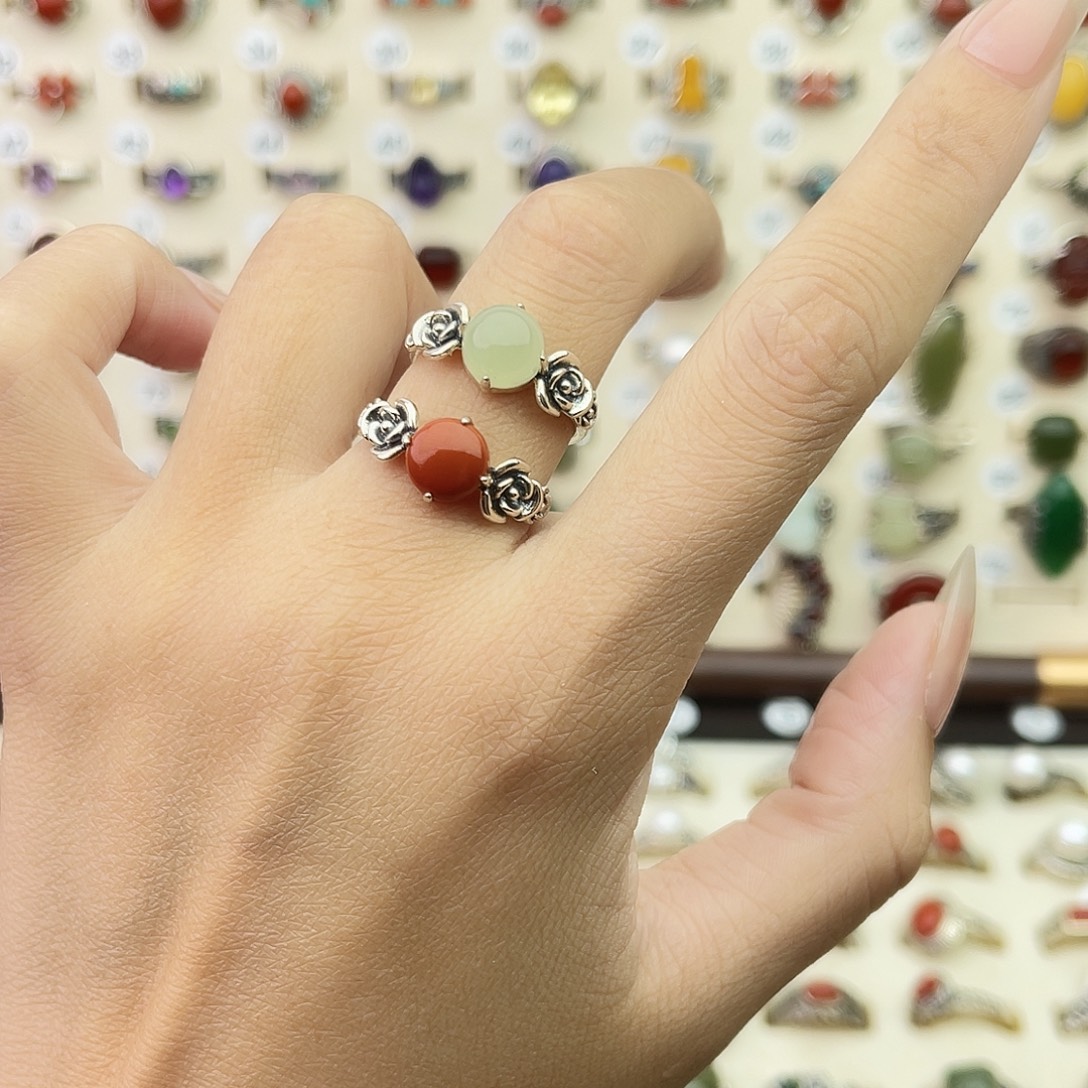 和田玉（糖玉）银S925镶嵌戒指