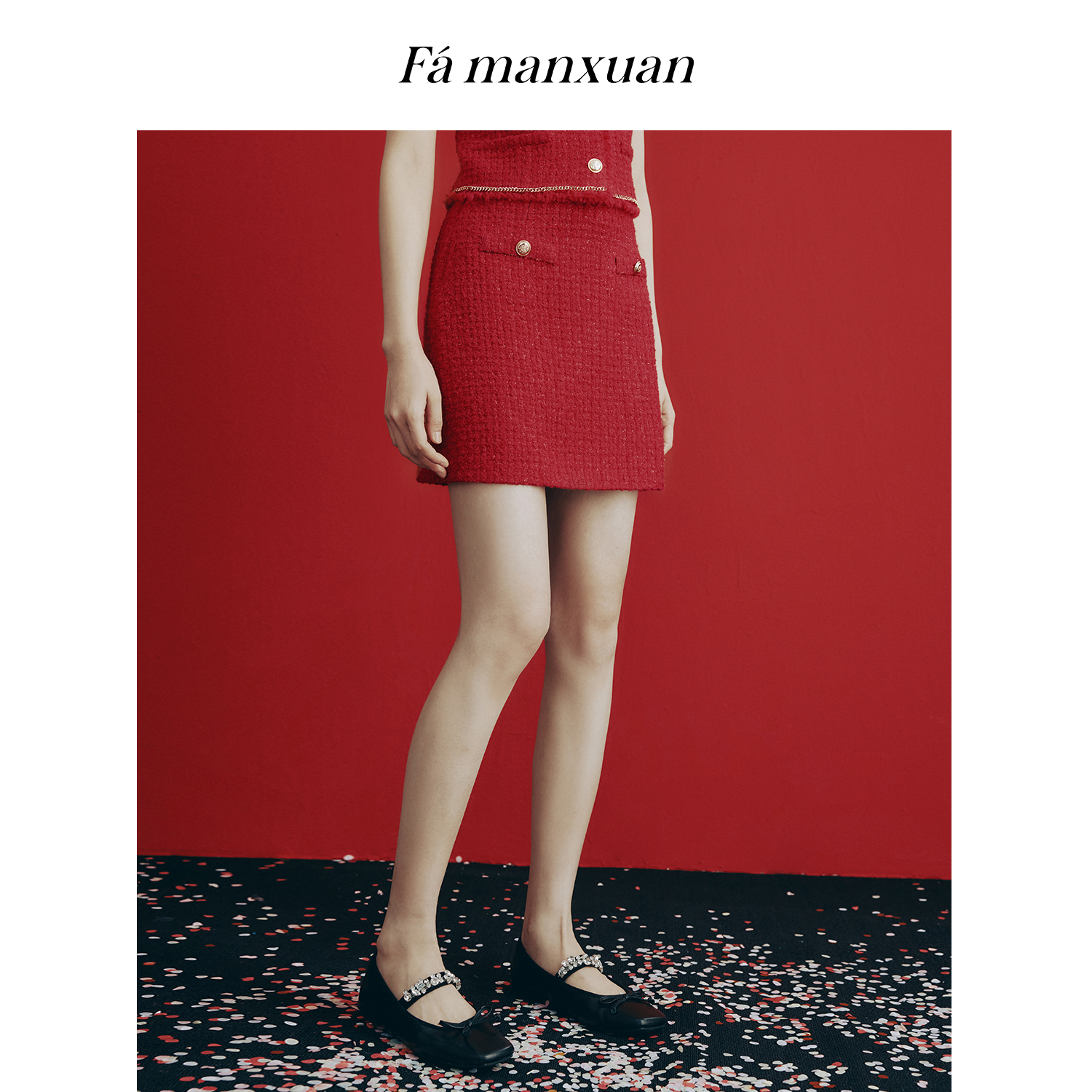 【粉丝专属】法曼萱红色小香风羊毛a字半身裙2025冬季短裙