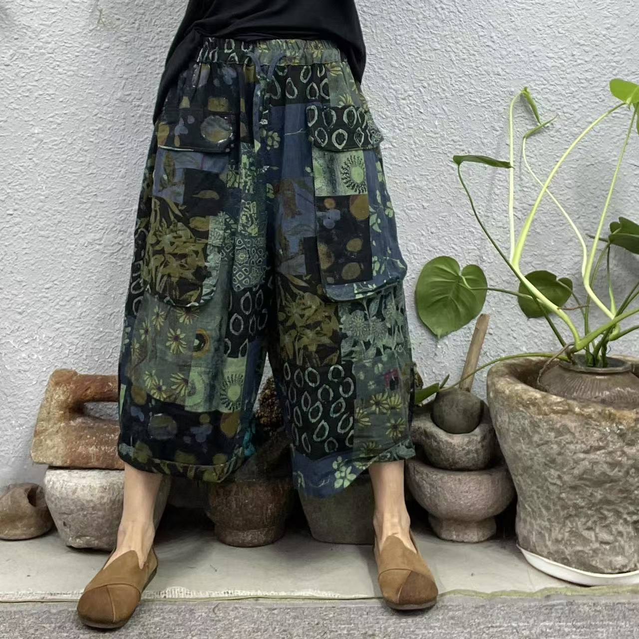 31150藏青绿前立体口袋色织麻阔腿休闲裤长78臀围140脚口62