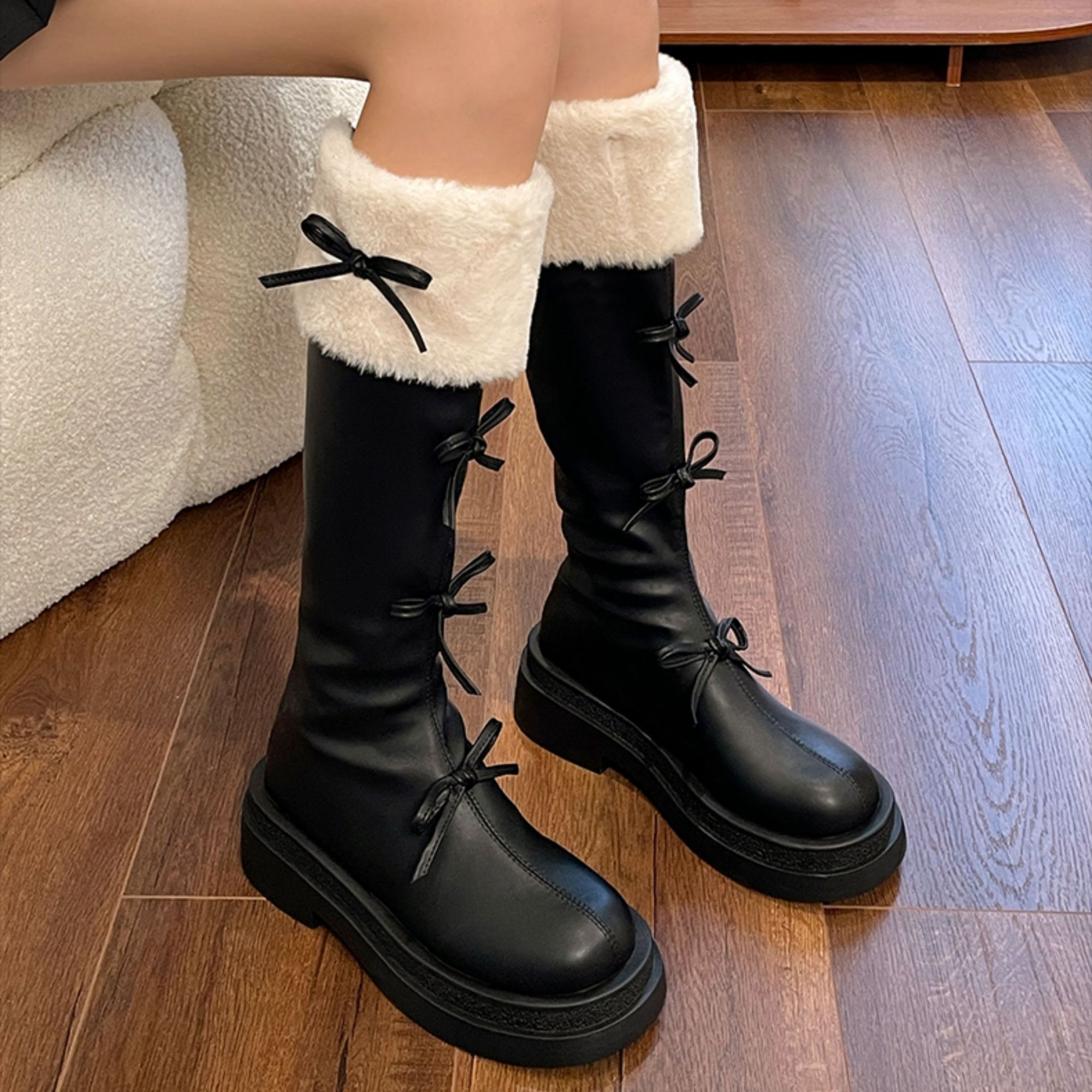 长筒靴女2025新款冬季加绒棕色厚底靴子显瘦蝴蝶结小个子复古长靴