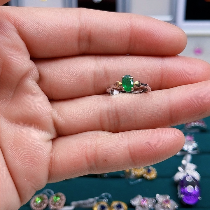 祖母绿戒指银S925镶嵌