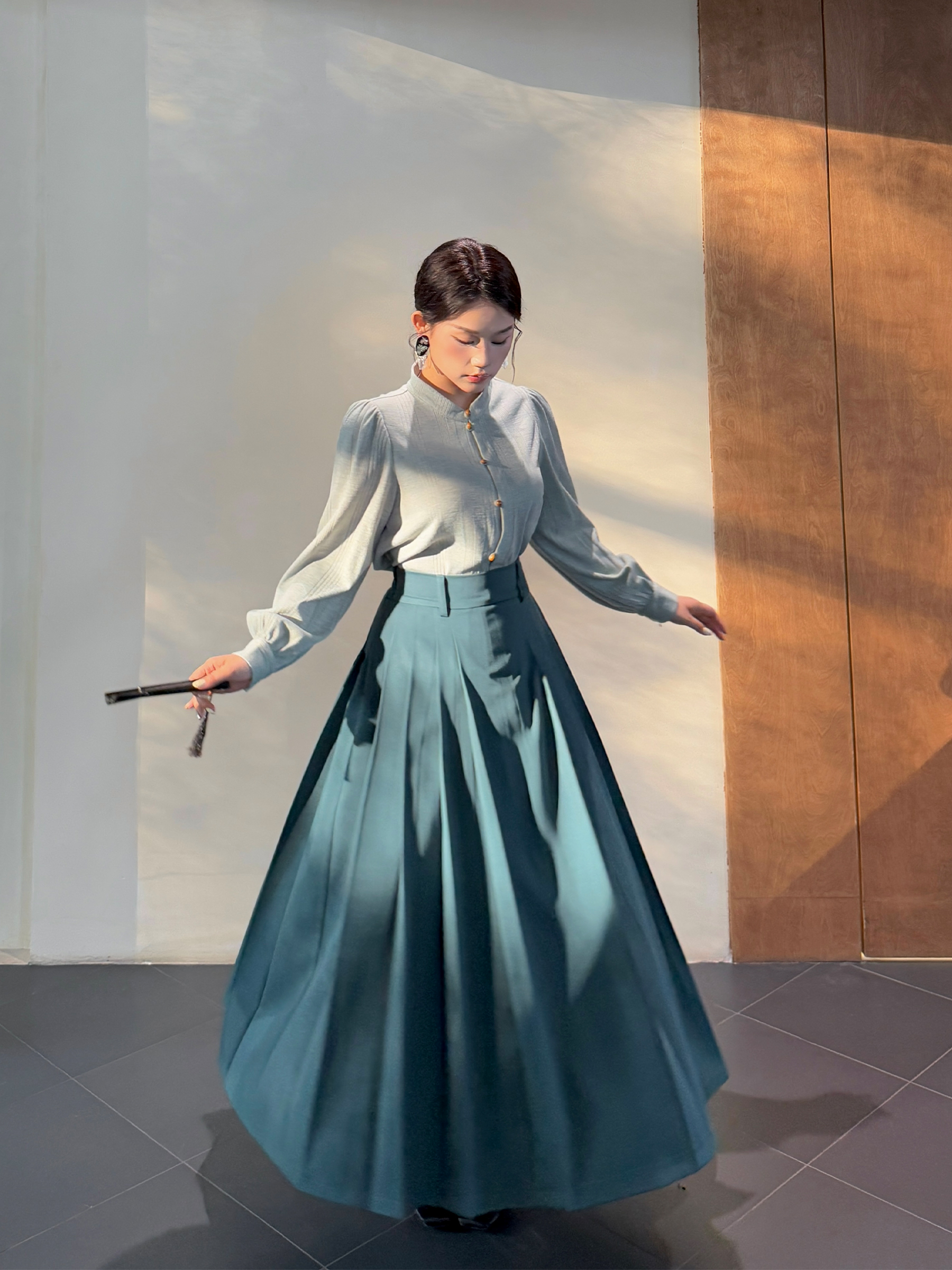 月半鱼【雾凇云诀】秋冬清冷禅意中式长袖衬衫+湖绿色显瘦半身裙