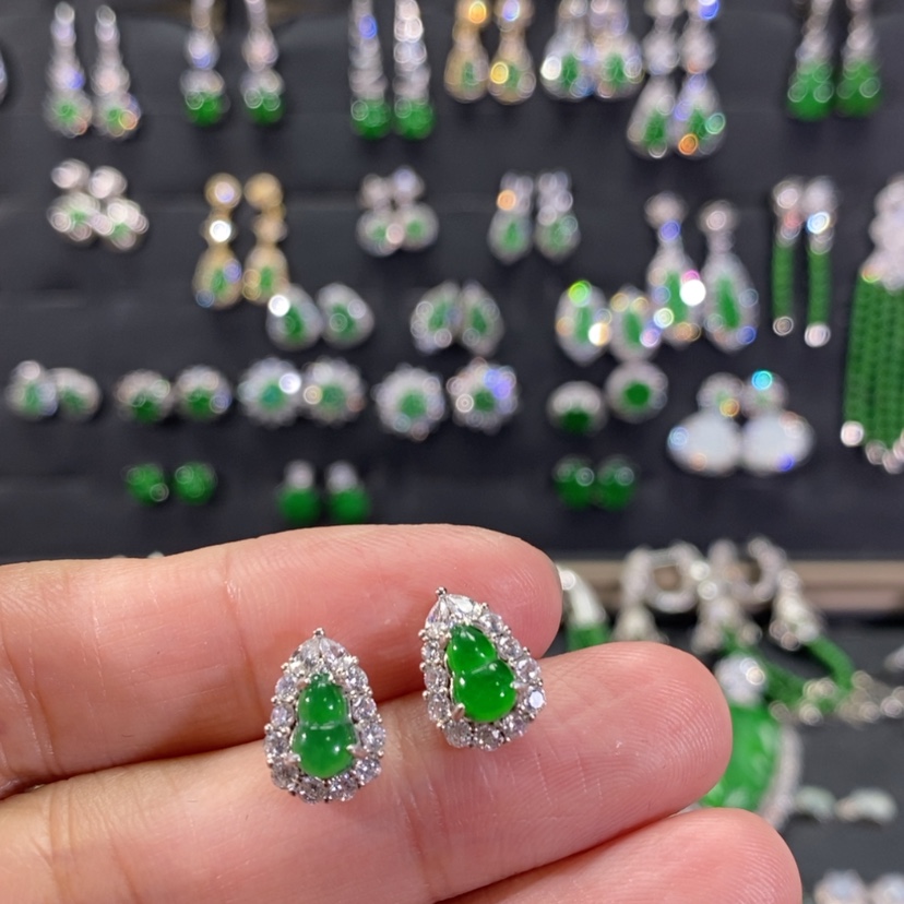 【闪购商品】翡翠耳饰银S925镀金镶嵌