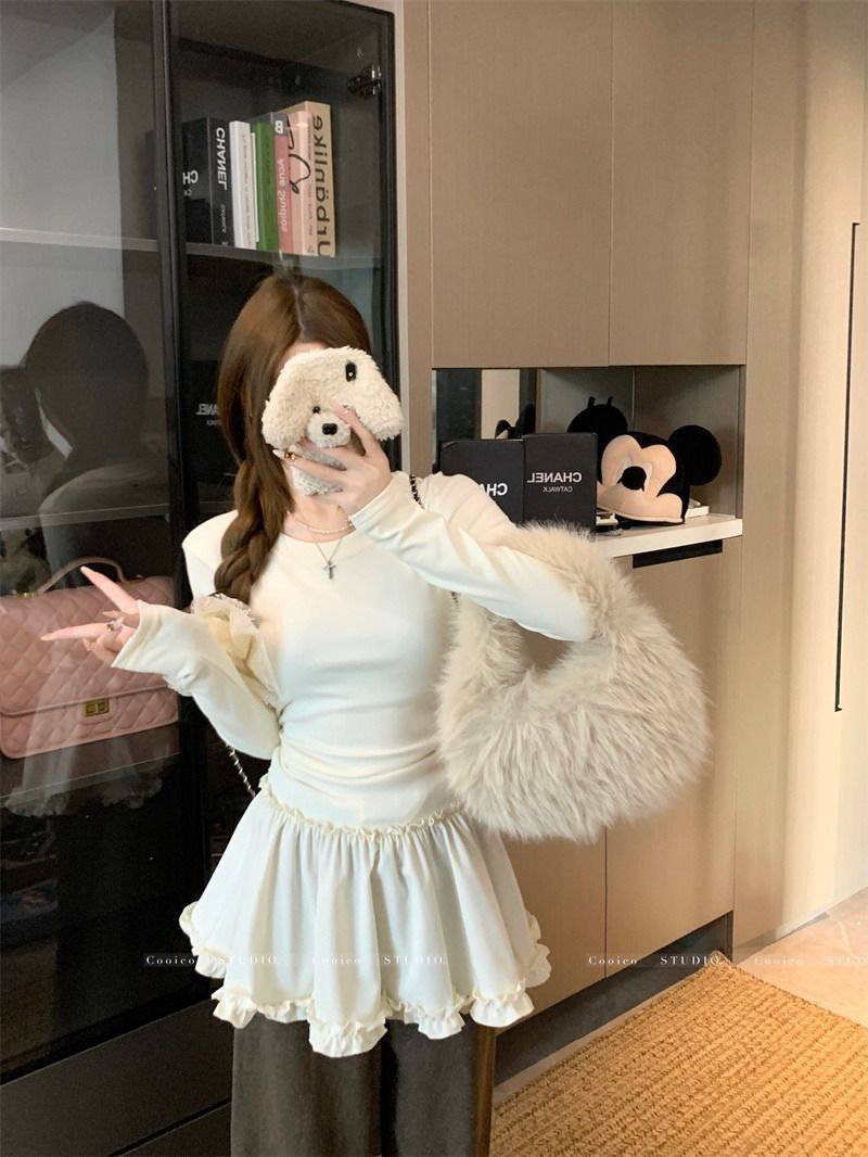 长袖防静电包臀辣妹短款不规则T恤套装修身型秋季气质内搭