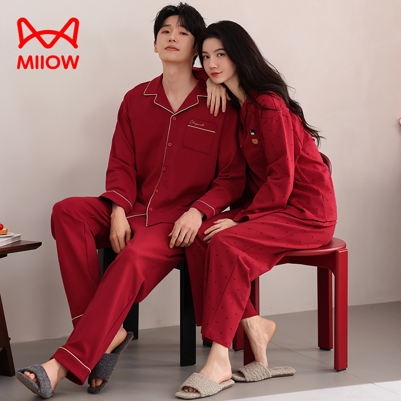 MiiOW/猫人春秋季纯棉大码红色喜庆宽松情侣休闲长袖睡衣套装