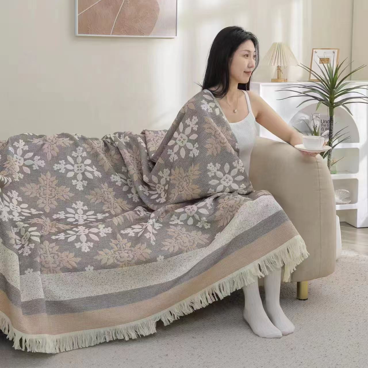 （花满星）汉麻流苏提花盖毯四季通用柔软亲肤