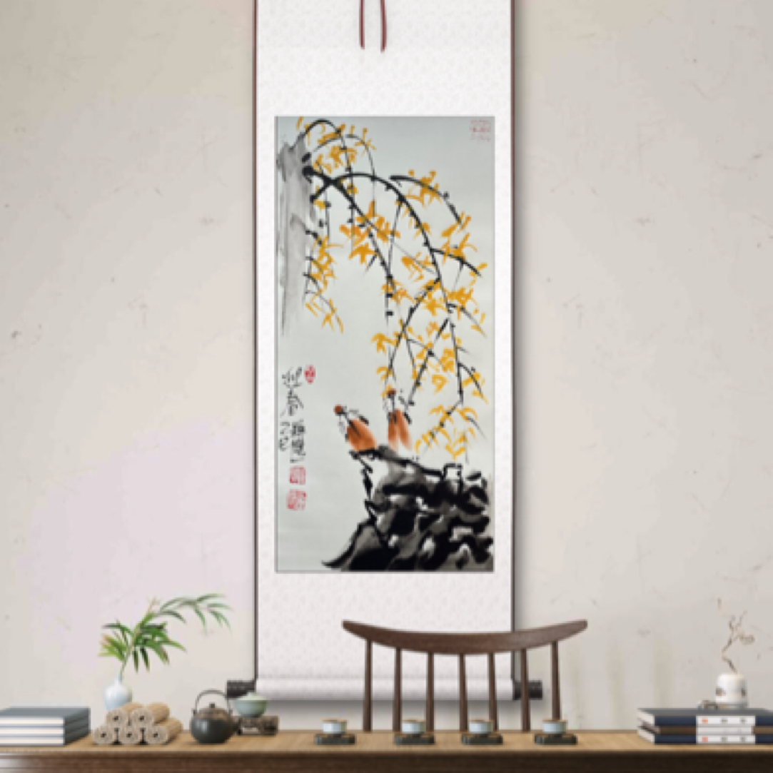 释隆一手绘《迎春花》卷轴130*50cm