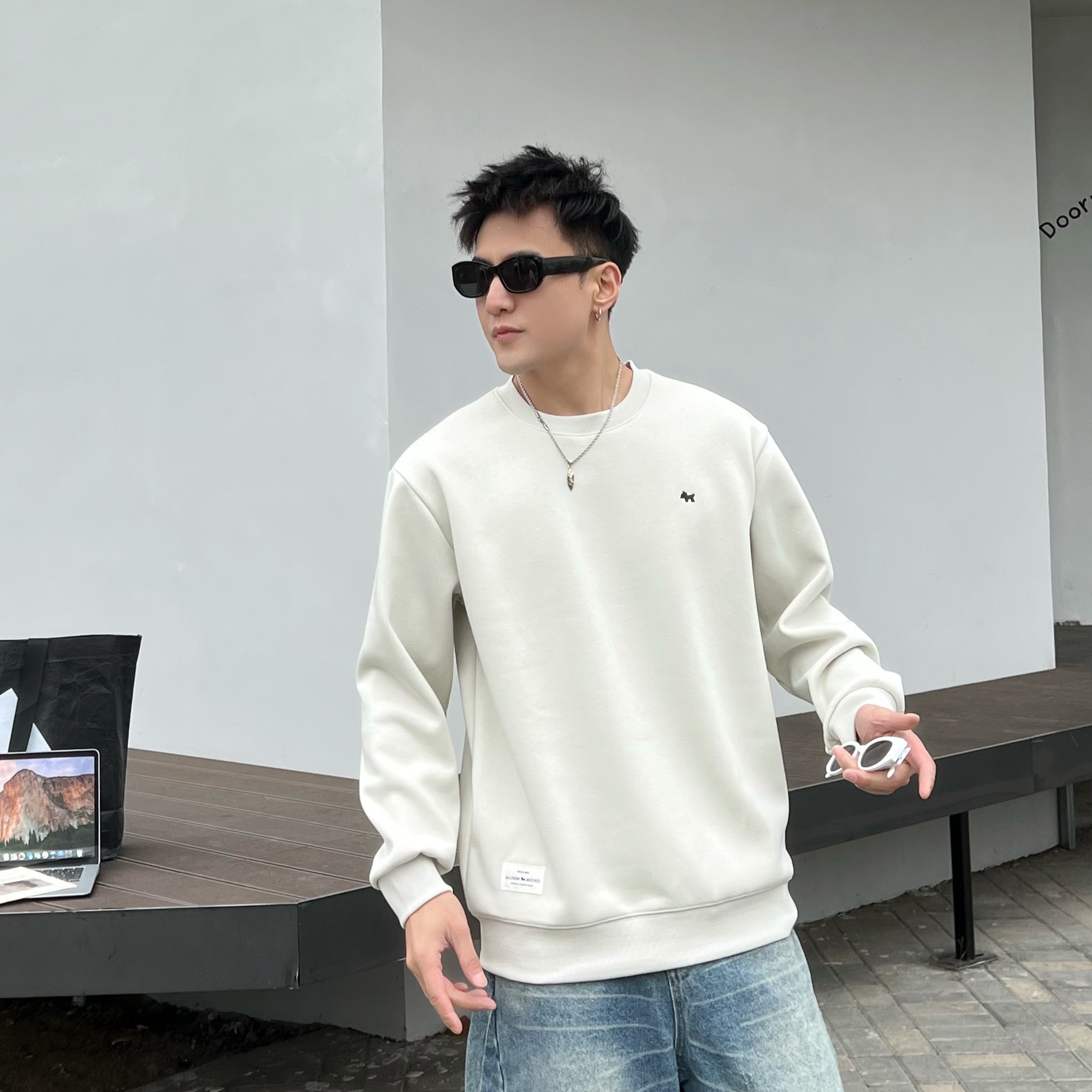 秋冬男士圆领刺绣加绒加厚长袖套头休闲百搭潮流卫衣高级162#