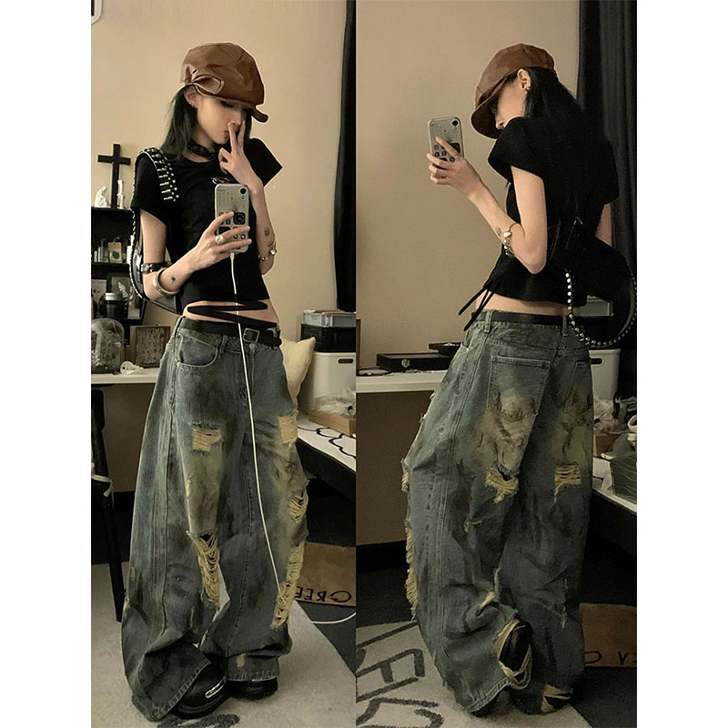 美式复古泼墨破洞牛仔裤女春季2025新款水洗垂感宽松直筒拖地长裤