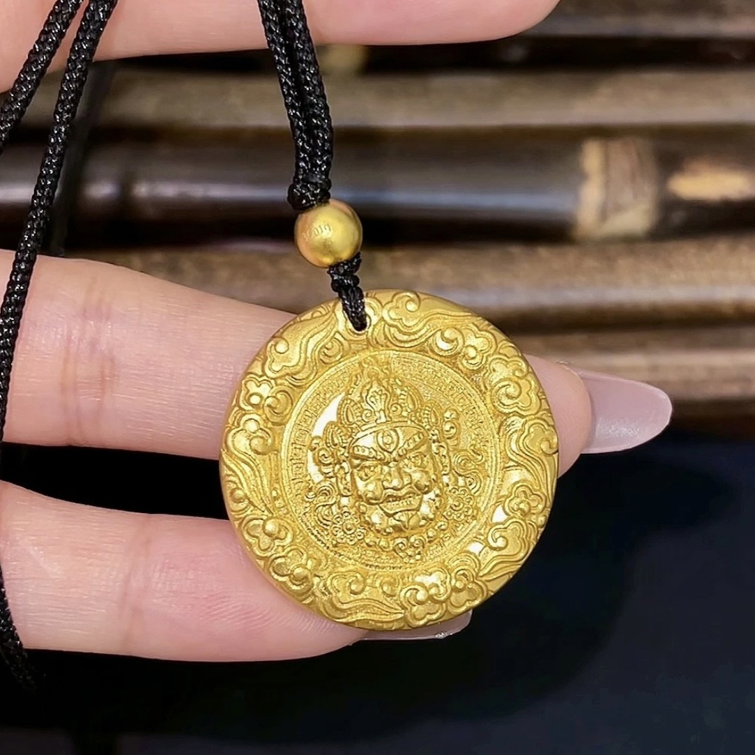 铜合金吊坠  新中式麒麟黄财神吊坠项链錾刻祥云圆牌挂坠复古