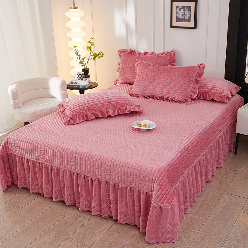 2025新款夹棉加厚单床盖 蕾丝款樱桃 冬季保暖