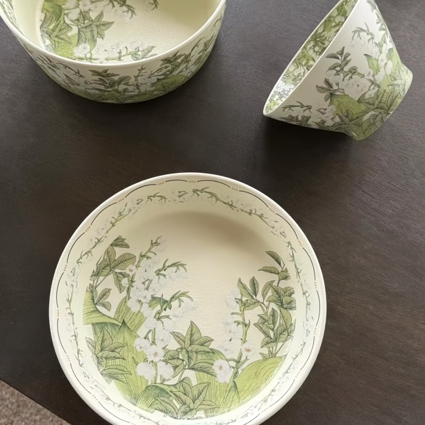 中古铃兰花家用ins风餐具陶瓷米饭碗珍珠纹釉面高质感奶油餐具