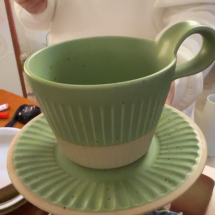 粗陶绿色咖啡杯碟一套