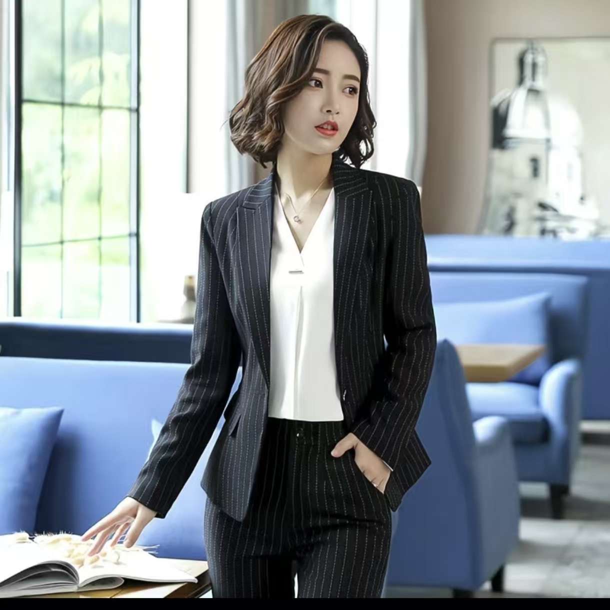 套装条纹西装外套长袖长裤