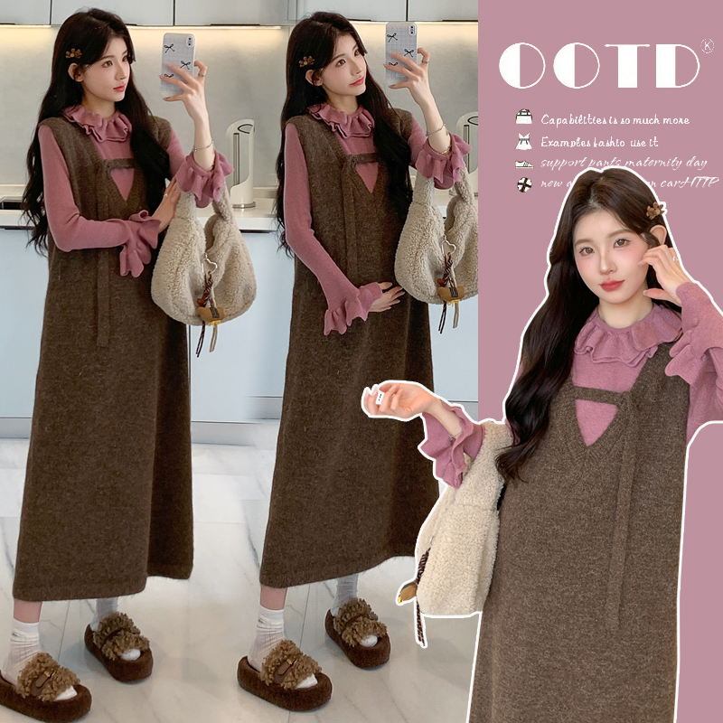 2025新秋冬厚款上衣两件套孕妇套装韩版毛衣背心裙时尚花边打底衫