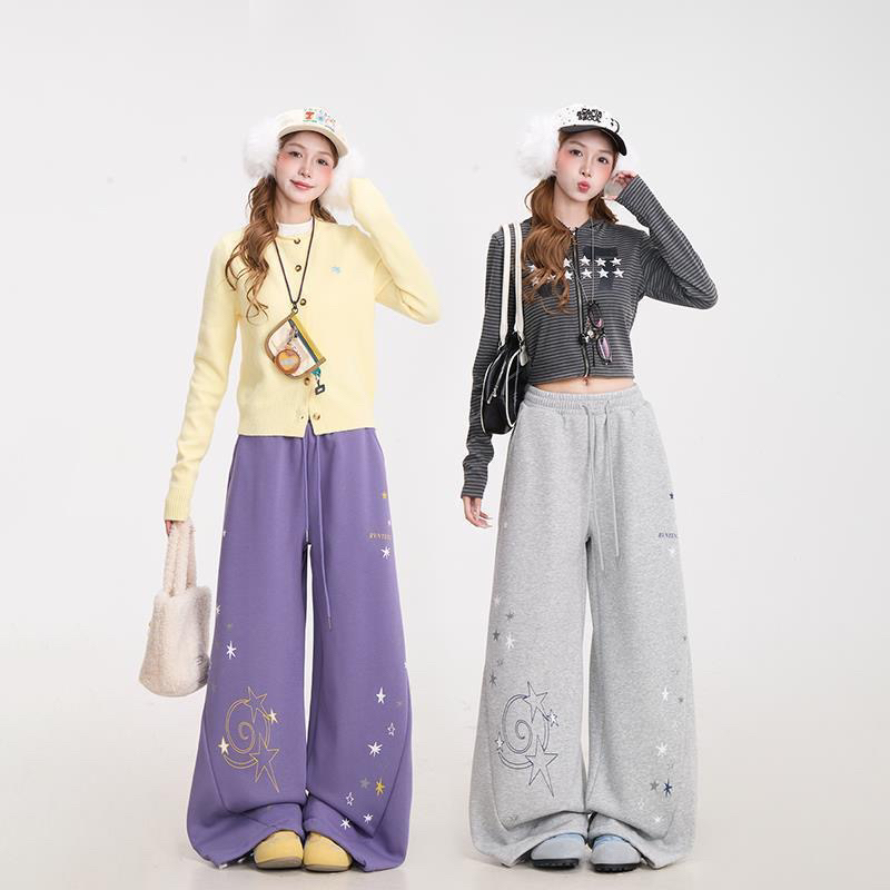 美式复古紫色星星印花阔腿裤男女松紧腰宽松直筒裤百搭休闲长裤