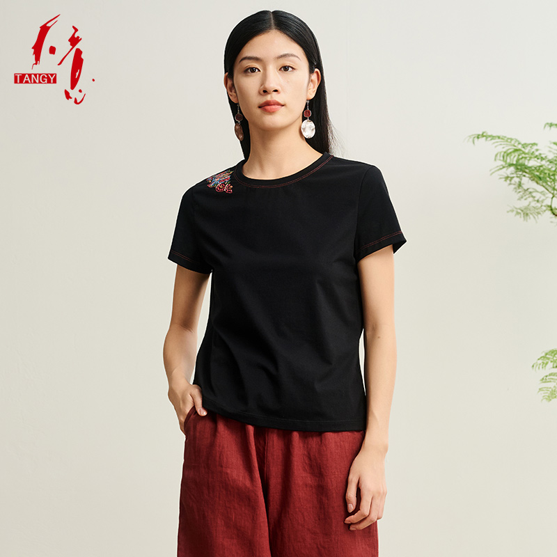 TANGY/天意2025夏季欧若新中式圆领时尚绣花百搭短袖T恤2252026