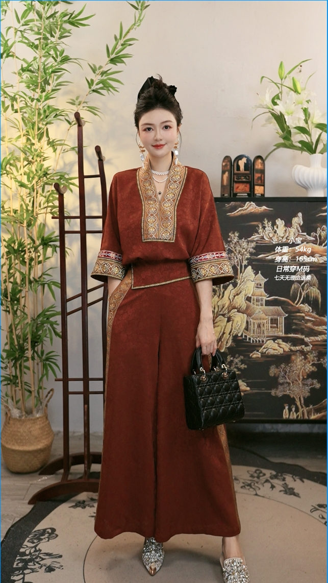 夏维莲2025夏季新款大码显瘦时尚焦糖色上衣和长裤(1683+1685)