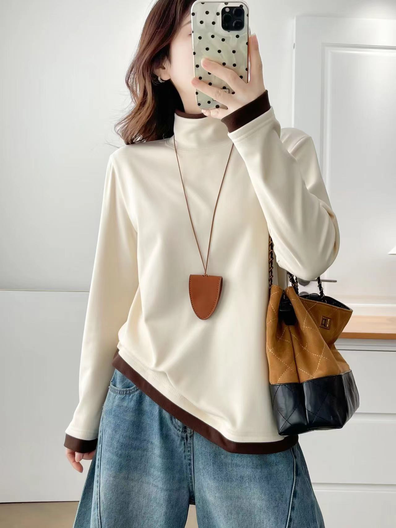 宽松型常规T恤宽松冬季高领拼接长袖女