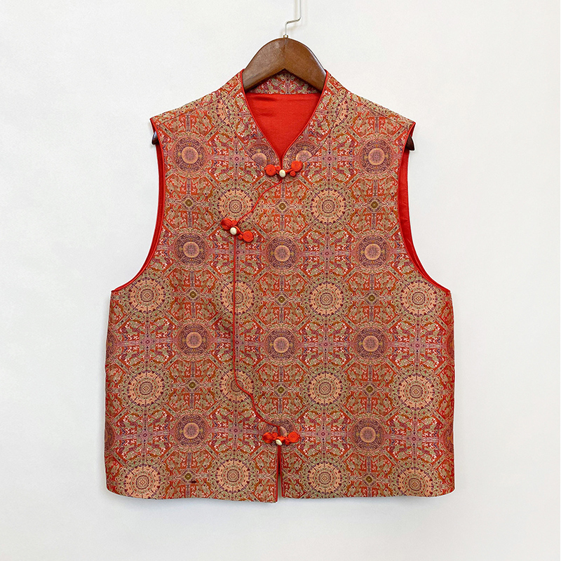 【上久楷-八达运】新中式国风红色端庄斜襟印花桑蚕丝无袖宋锦马甲