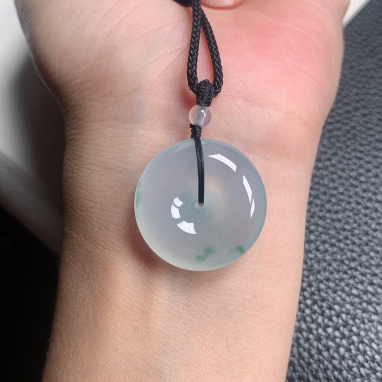 2 - 天然缅甸a货翡翠冰种起胶飘花厚装小平安扣吊坠 23.5x6.7mm